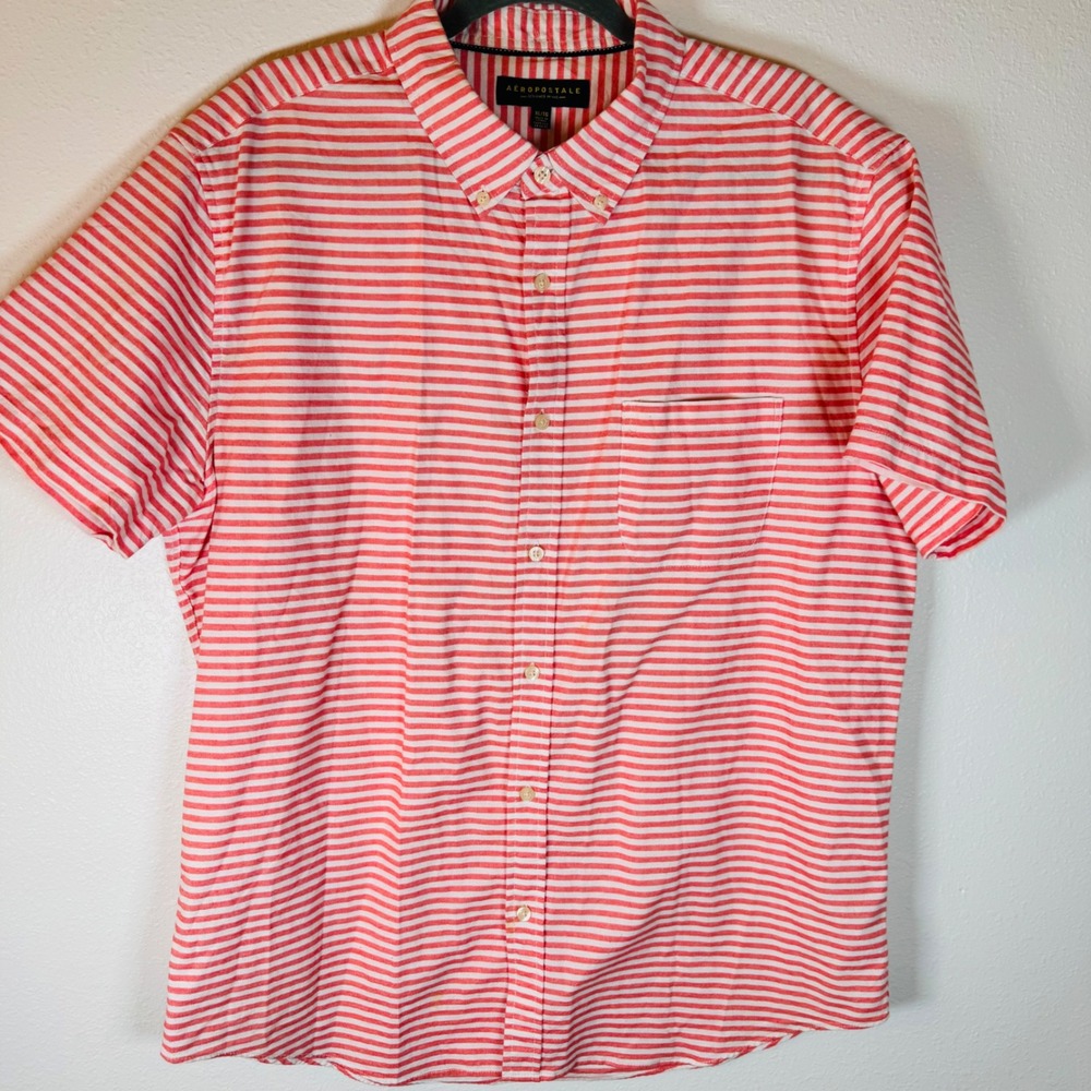 Aeropostale Mens XL Short Sleeve Button Down Shirt Coral White Striped Cotton